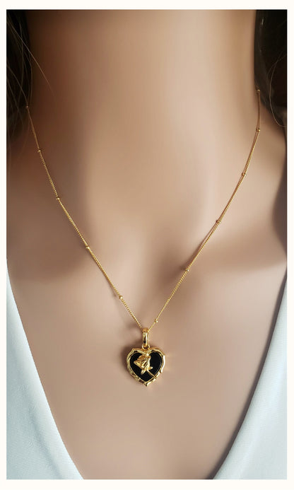 ROSE Black Onyx Heart Pendant Necklace 18K Gold Plated