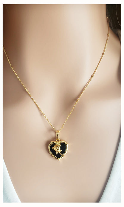 ROSE Black Onyx Heart Pendant Necklace 18K Gold Plated