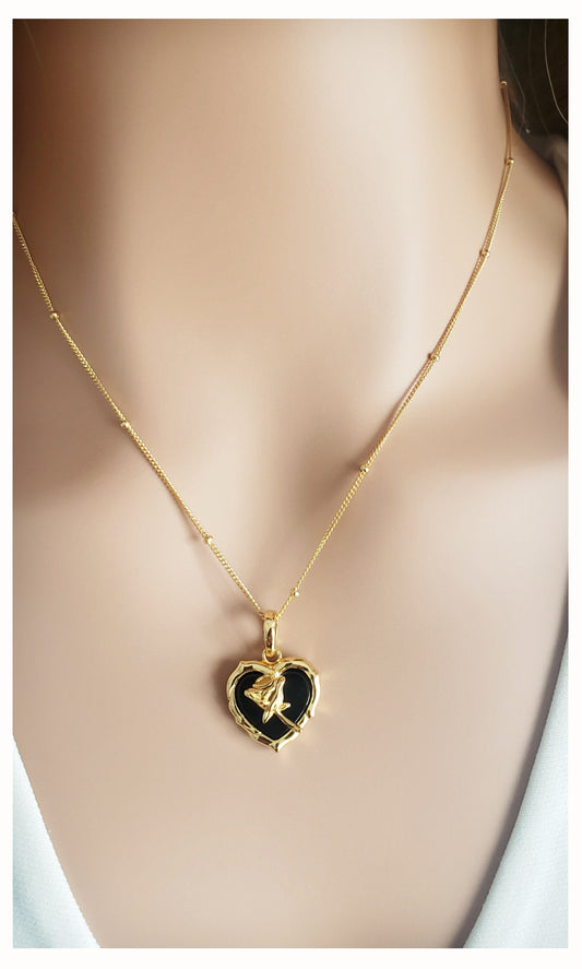 ROSE Black Onyx Heart Necklace Pendant 18K Gold Plated