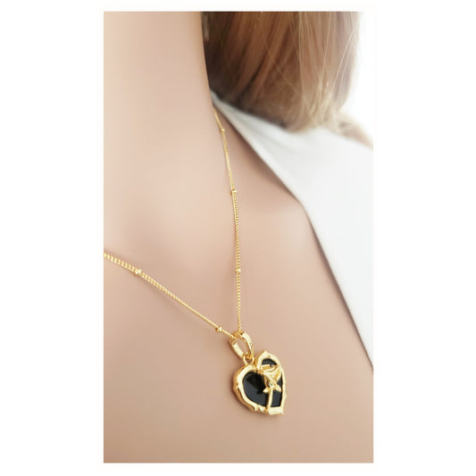 ROSE 3-Piece Jewelry Set, Black Onyx Heart Earrings, Necklace & Ring 18K Gold Plated