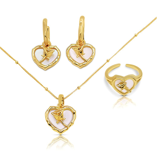 ROSE 3-Piece Jewelry Set, Mother-Of-Pearl Heart Earrings, Necklace & Ring 18K Gold Plated