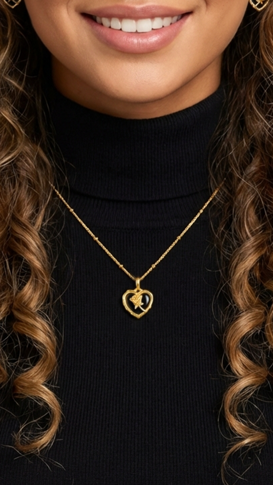 ROSE Black Onyx Heart Pendant Necklace 18K Gold Over Sterling Silver