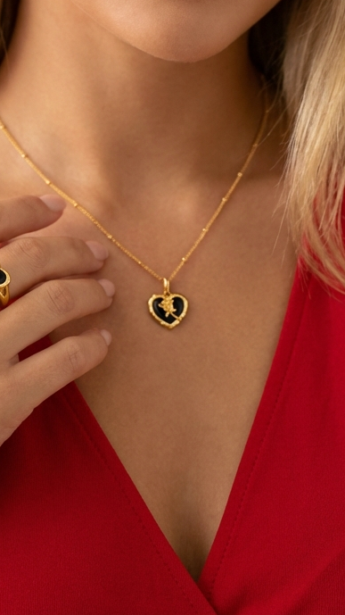 ROSE Black Onyx Heart Pendant Necklace 18K Gold Over Sterling Silver