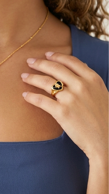 ROSE Black Onyx Heart Ring Adjustable in 18K GP