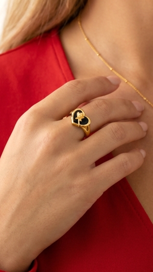 ROSE Black Onyx Heart Ring 18K Gold Over Sterling Silver