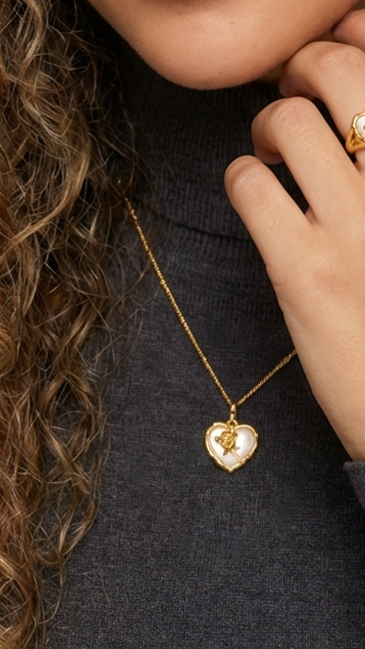 ROSE Mother-Of-Pearl Heart Pendant Necklace 18K Gold Over Sterling Silver