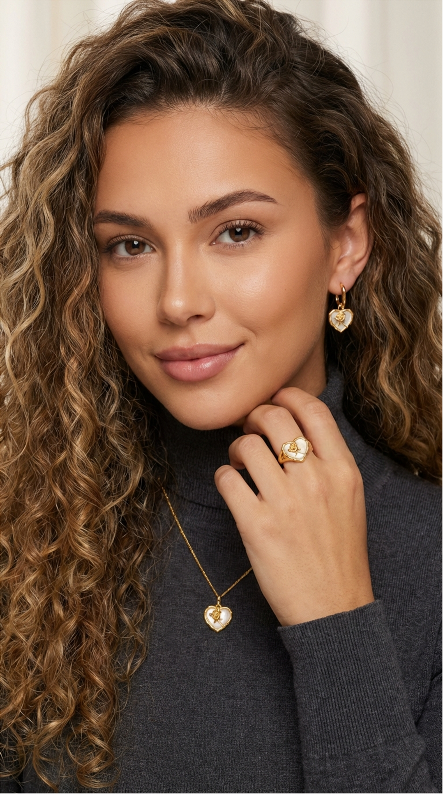 ROSE Mother-Of-Pearl Heart Earrings, Necklace, Ring Set in 18K Gold Over Sterling Silver