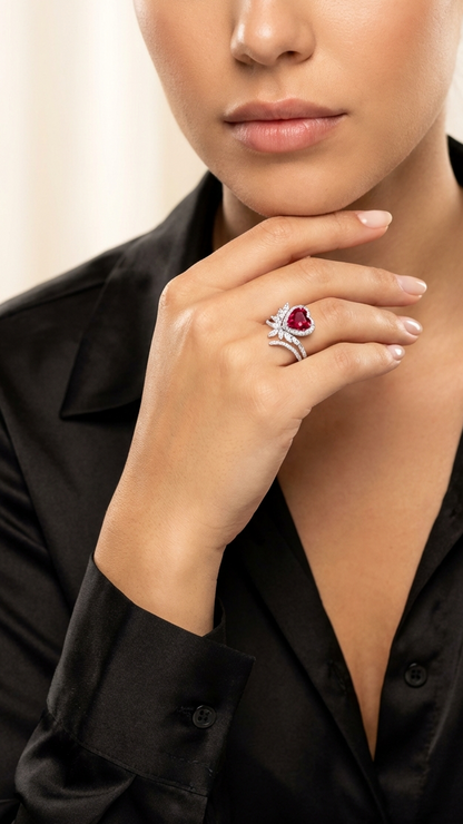 RUBEE Ruby Cluster Heart Ring • Rhodium Over Sterling Silver • CZ Diamond