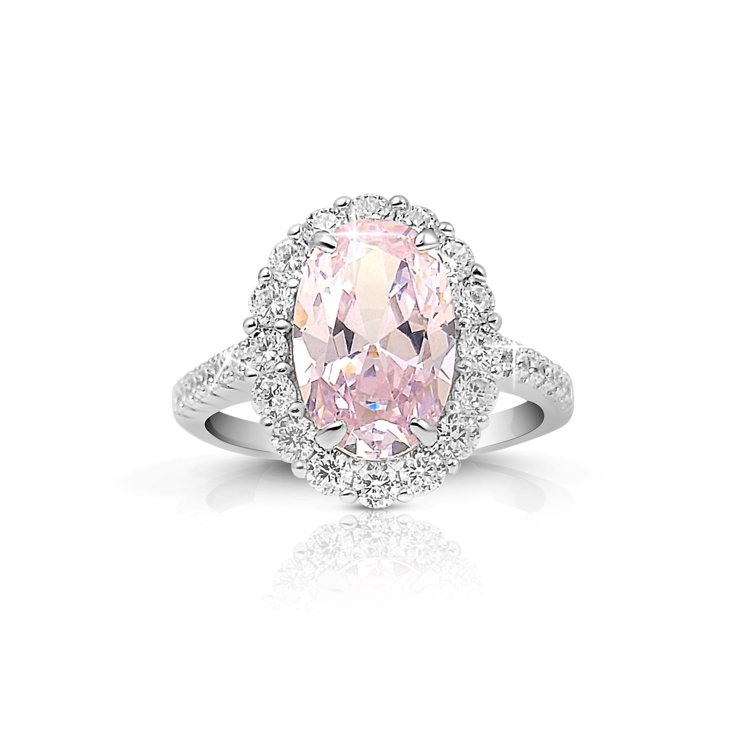 SARA Pink Oval Cut Halo Ring in Sterling Silver