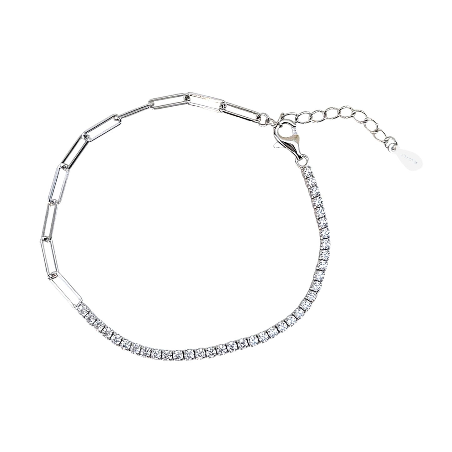 SHANNON 3MM White CZ Diamond Simulant Tennis Paperclip Bracelet in Rhodium Over Sterling Silver