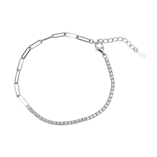 SHANNON 3MM White CZ Diamond Simulant Tennis Paperclip Bracelet in Rhodium Over Sterling Silver
