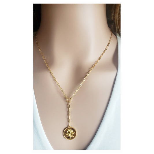 SIMONNE Rose Flower Drop Necklace Pendant 18K Gold Plated