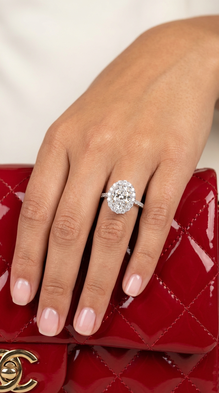 SARA White CZ Diamond Oval Cut Halo Ring in Rhodium Over Sterling Silver