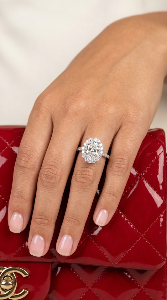 SARA White CZ Diamond Oval Cut Halo Ring in Rhodium Over Sterling Silver