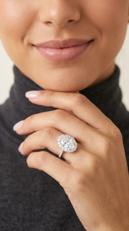 SARA White CZ Diamond Oval Cut Halo Ring in Rhodium Over Sterling Silver