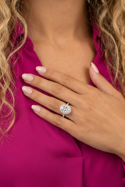 SARA White CZ Diamond Oval Cut Halo Ring in Rhodium Over Sterling Silver