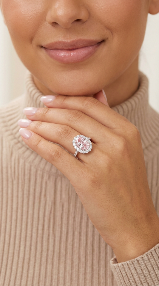 SARA Pink Oval and White CZ Diamond Halo Ring in Rhodium Over Sterling Silver
