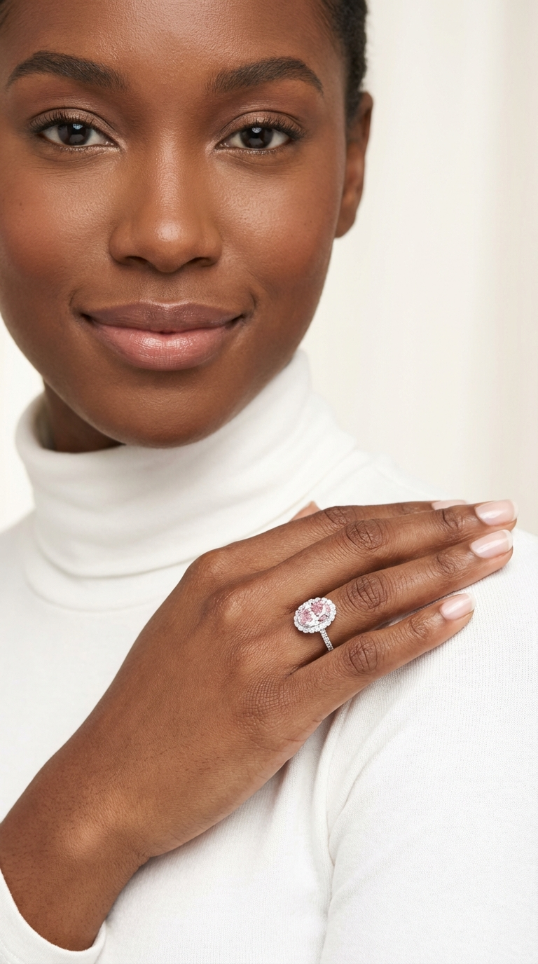 SARA Pink Oval and White CZ Diamond Halo Ring in Rhodium Over Sterling Silver