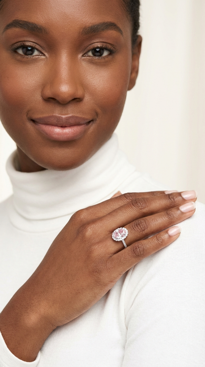 SARA Pink Oval and White CZ Diamond Halo Ring in Rhodium Over Sterling Silver