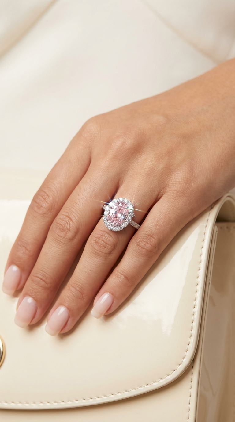 SARA Pink Oval and White CZ Diamond Halo Ring in Rhodium Over Sterling Silver