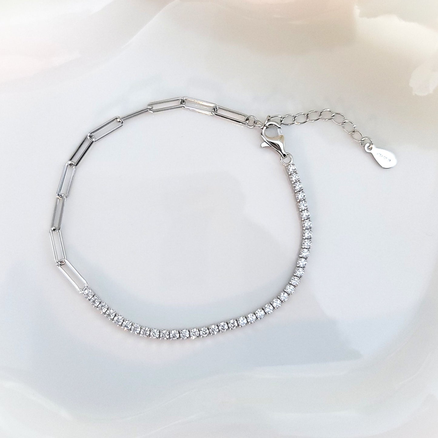 SHANNON 3MM White CZ Diamond Simulant Tennis Paperclip Bracelet in Rhodium Over Sterling Silver