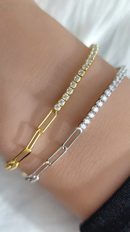 SHANNON 3MM White CZ Diamond Simulant Tennis Paperclip Bracelet 18K Gold Over Sterling Silver