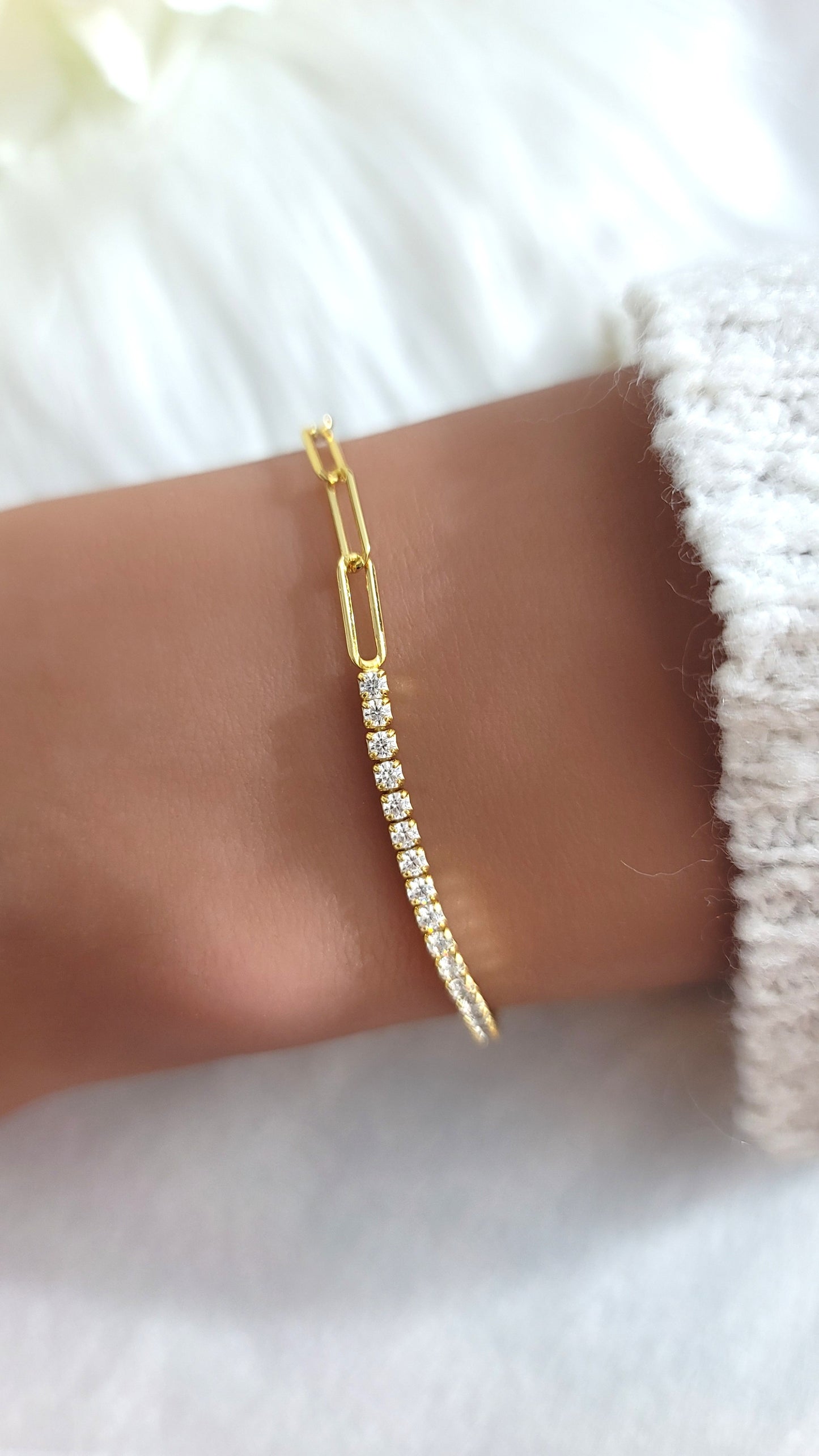 SHANNON 3MM White CZ Diamond Simulant Tennis Paperclip Bracelet 18K Gold Over Sterling Silver