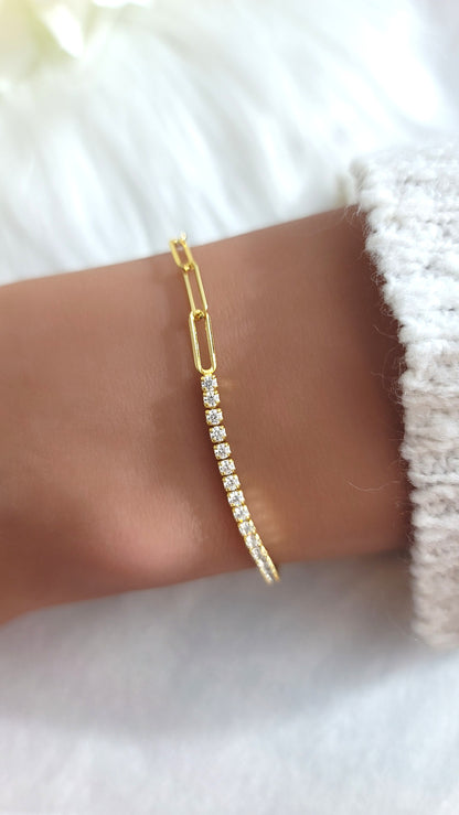 SHANNON 3MM White CZ Diamond Simulant Tennis Paperclip Bracelet 18K Gold Over Sterling Silver