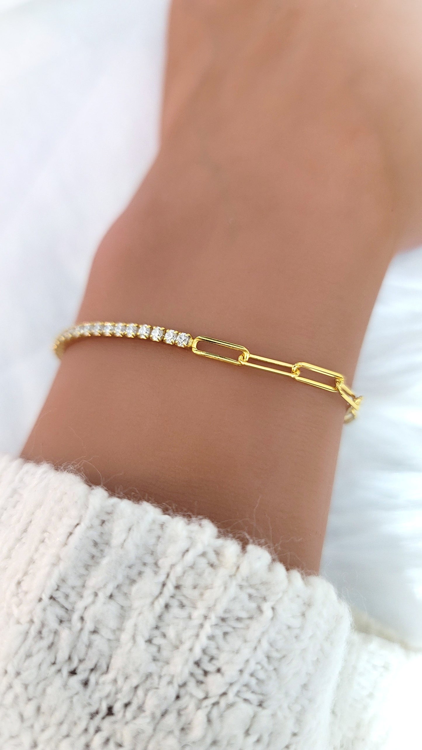 SHANNON 3MM White CZ Diamond Simulant Tennis Paperclip Bracelet 18K Gold Over Sterling Silver