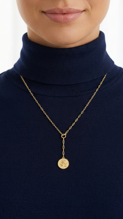 SIMONNE Rose Paperclip Chain Link Flower Drop Pendant Necklace 18K Gold Over Sterling Silver