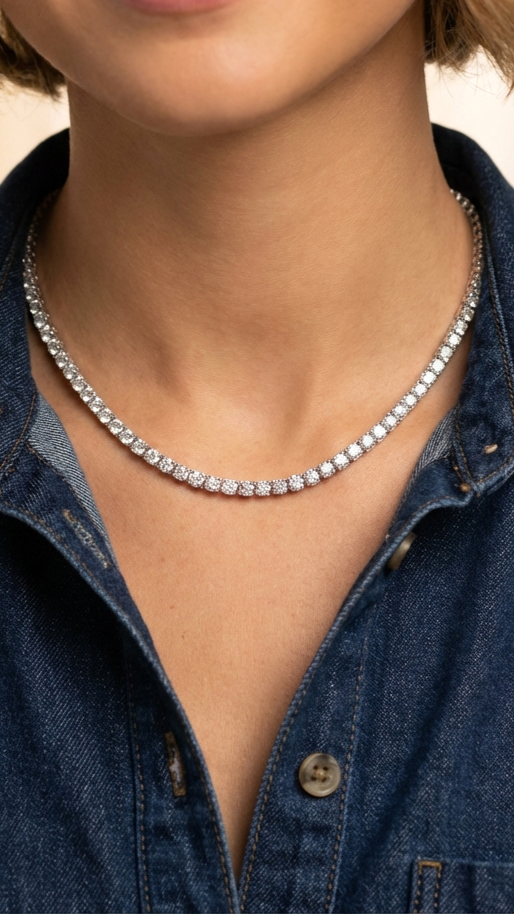 SKY 3MM Moissanite Tennis Necklace in Rhodium Over Sterling Silver