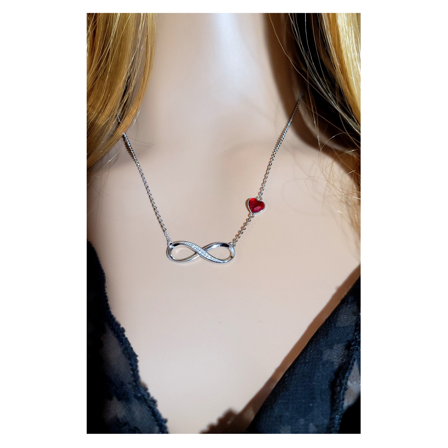 TIFFANY Figure Eight Austrian Red Crystal Heart Necklace in Rhodium Over Sterling Silver