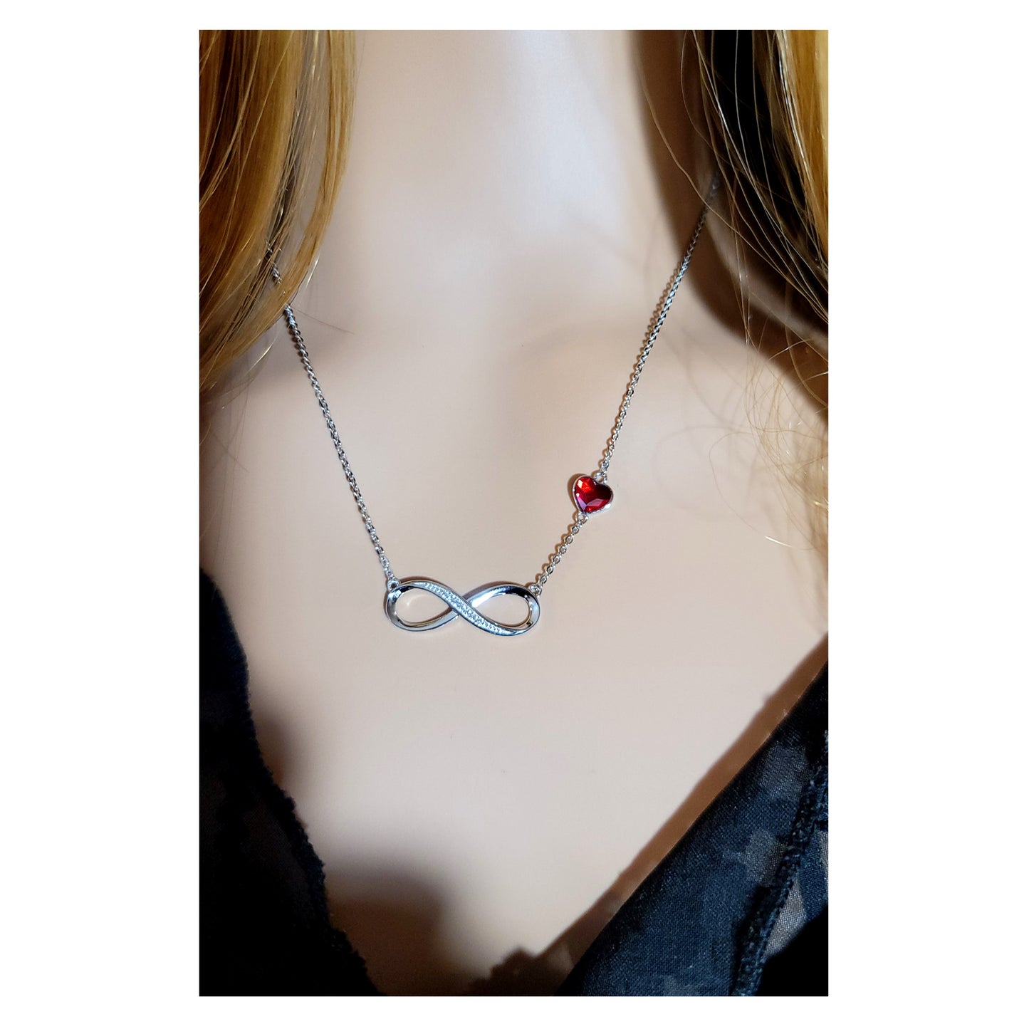 TIFFANY Figure Eight Austrian Red Crystal Heart Necklace in Rhodium Over Sterling Silver