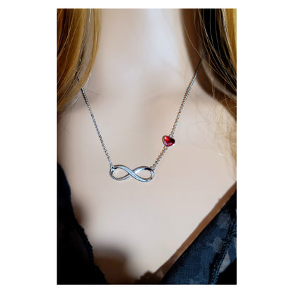 TIFFANY Figure Eight Austrian Red Crystal Heart Necklace in Rhodium Over Sterling Silver