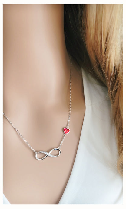 TIFFANY Figure Eight Austrian Red Crystal Heart Necklace in Rhodium Over Sterling Silver
