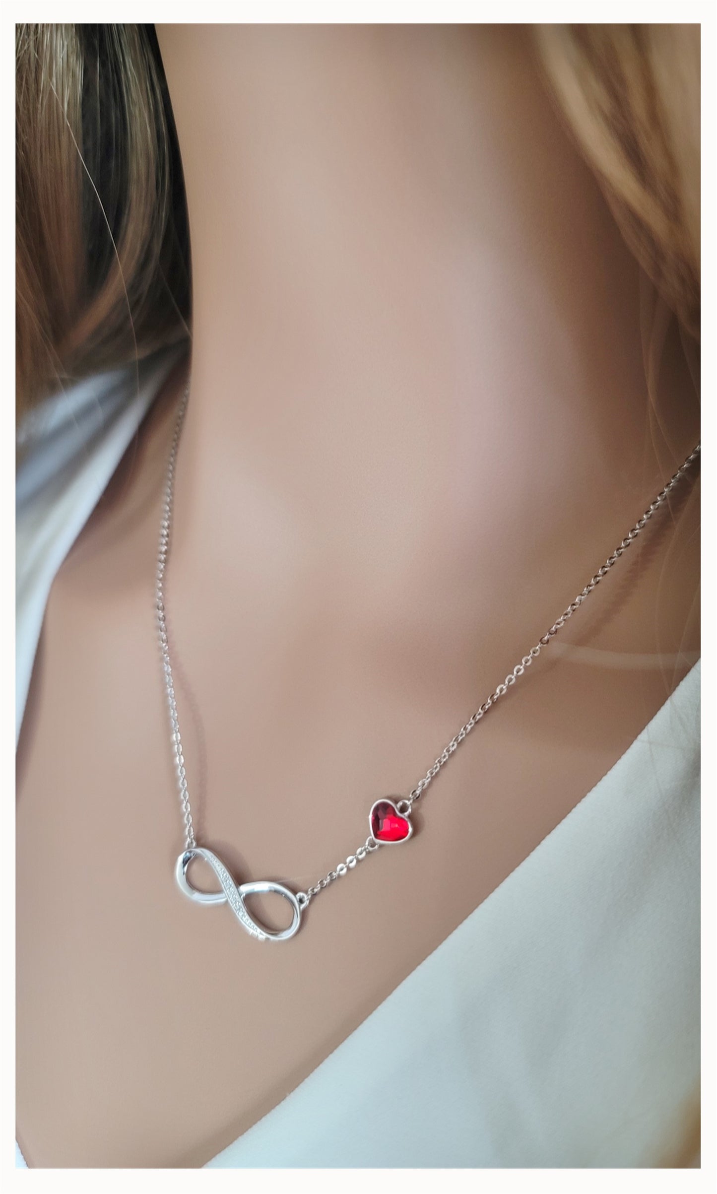 TIFFANY Figure Eight Austrian Red Crystal Heart Necklace in Rhodium Over Sterling Silver