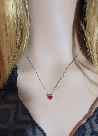 TIFFANY Austrian Red Crystal Heart Pendant Necklace in Rhodium Over Sterling Silver