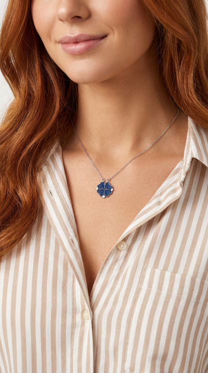 TALITHA Red/Blue Heart Four-Leaf Clover Necklace in Rhodium Over Sterling Silver