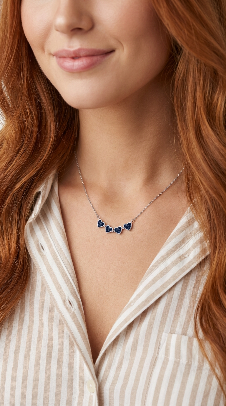 TALITHA Red/Blue Heart Four-Leaf Clover Necklace in Rhodium Over Sterling Silver