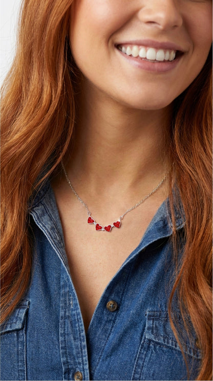 TALITHA Red/Blue Heart Four-Leaf Clover Necklace in Rhodium Over Sterling Silver