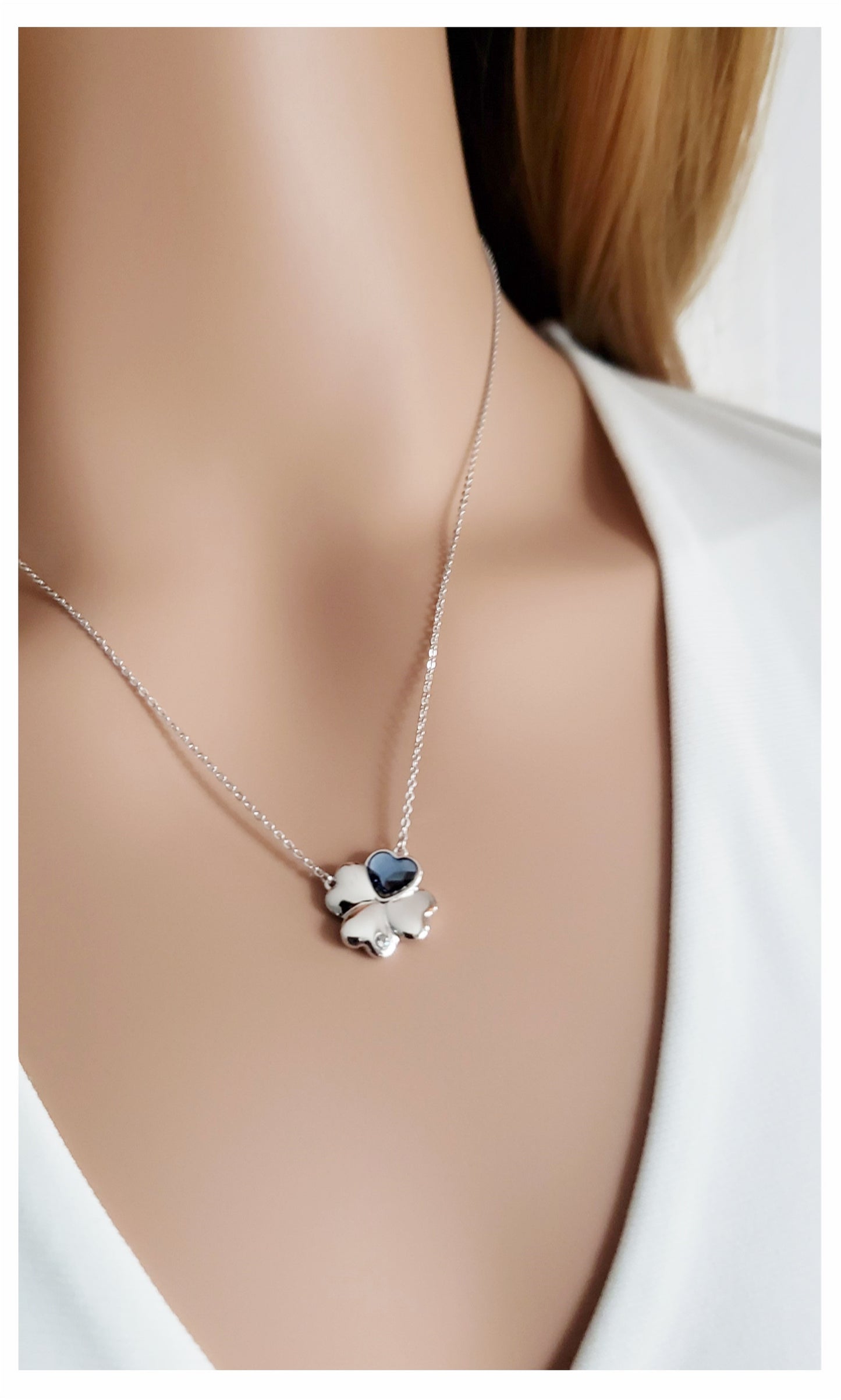 VANESSA Austrian Blue Crystal Heart Clover Pendant Necklace