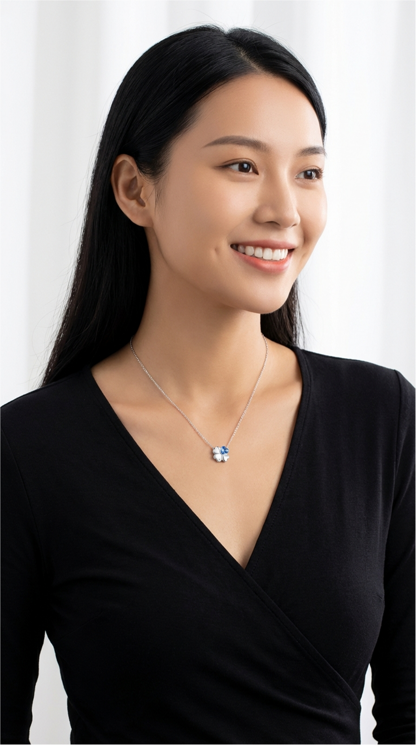 VANESSA Austrian Blue Crystal Heart Clover Pendant Necklace in Rhodium Over Sterling Silver