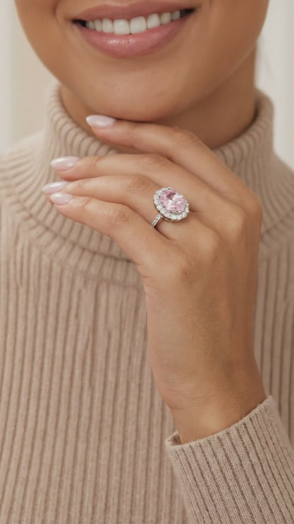 SARA Pink Oval and White CZ Diamond Halo Ring in Rhodium Over Sterling Silver