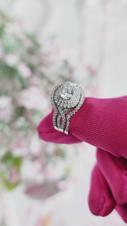 BETTY White CZ Diamond Halo Round Bridal Ring Set in Rhodium Over Sterling Silver