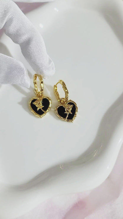 ROSE Black Onyx Heart Earrings, Necklace, Ring Set in 18K Gold Over Sterling Silver
