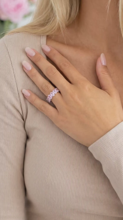 DANAMARIE Pink Oval Cut Eternity Ring in Rhodium Over Sterling Silver