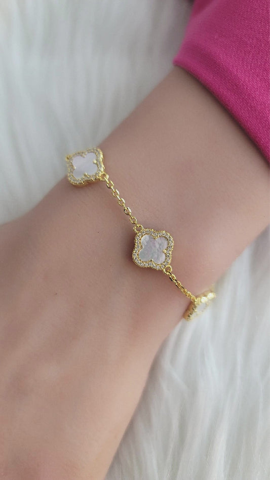 LAURA Four-Leaf Clover CZ Pearl Bracelet 18K Gold Over Sterling Silver