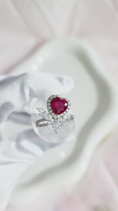 RUBEE Ruby Cluster Heart Ring • Rhodium Over Sterling Silver • CZ Diamond