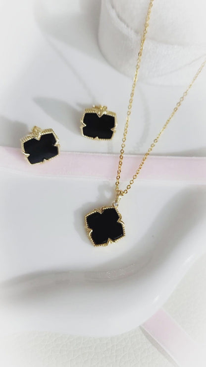 NICHOLE Black Onyx Four-Leaf Clover Earrings, Necklace Set in 14K Gold Over Sterling Silver