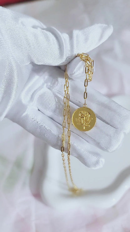 SIMONNE Rose Paperclip Chain Link Flower Drop Pendant Necklace 18K Gold Over Sterling Silver